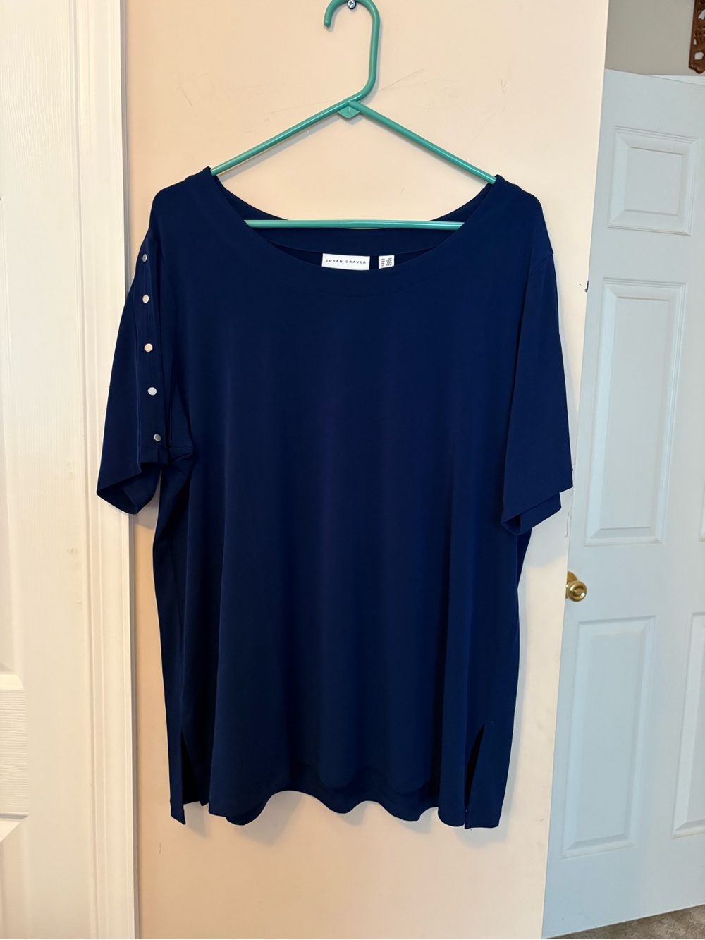 Susan Graver Navy Short-Sleeve Crewneck Top with Sleeve Buttons